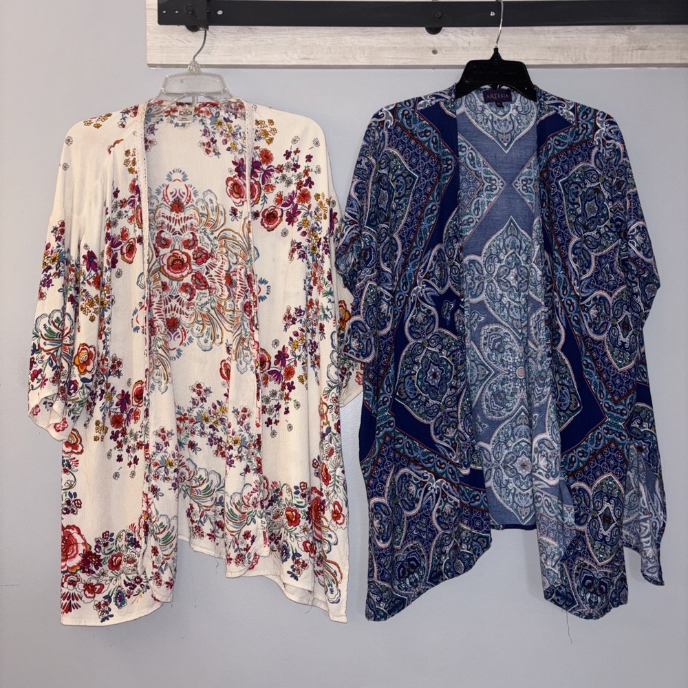Kimonos Lot Of 2 Open Front Duster Coverups Women's M/L Vacation Artsy Resort